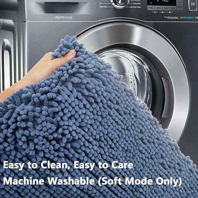 Bathroom Rugs Chenille 3-Piece Extra Soft and Absorbent Shag Bathroom Rugs, Machine Wash Mat, Strong PVC Non-Slip Underside, Plush Carpet Mats (Deep Blue)