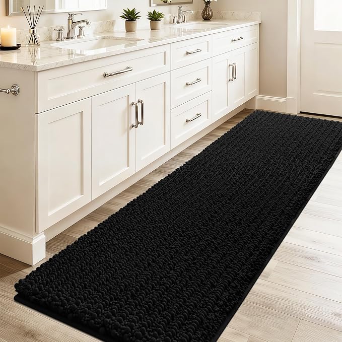 ACCUMTEK Upgrade Luxury Black Bathroom Rug Mat 48"x17", Ultra Soft Thick Absorbent Bath Mats, Non Slip Chenille Toilet Mat for Bathroom, Bedroom, Kitchen, Shower, Tub