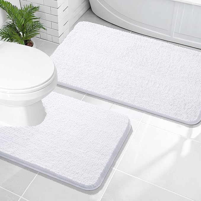 OLANLY Chenille Bathroom Rugs Mats Sets 2 Piece, 47"x20"+24"x20", White | Soft Absorbent Bath Mat and U-Shaped Contour Toilet Rug Set, Quick Dry, Machine Washable Bath Carpet, Home Decor Accessories