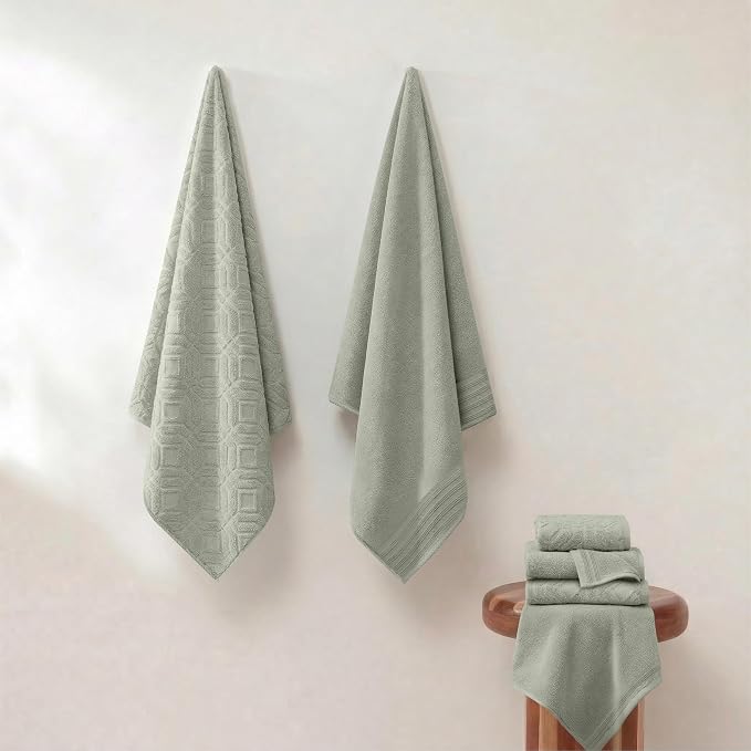 Modern Threads 6 Piece Cotton Bath Towel Set – Ultra Soft 550 GSM Towels – Bathroom Set with Hand Towels and Washcloths – Geometric (Soft Olive)