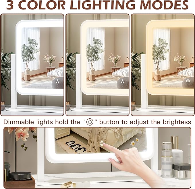 FENNIO Vanity Mirror with Lights 16"×13" Makeup Mirror with Lights,Lighted Vanity Mirror Tabletop,Smart Touch with 3-Color Lighting,Dimmable,for Vanity Desk Tabletop
