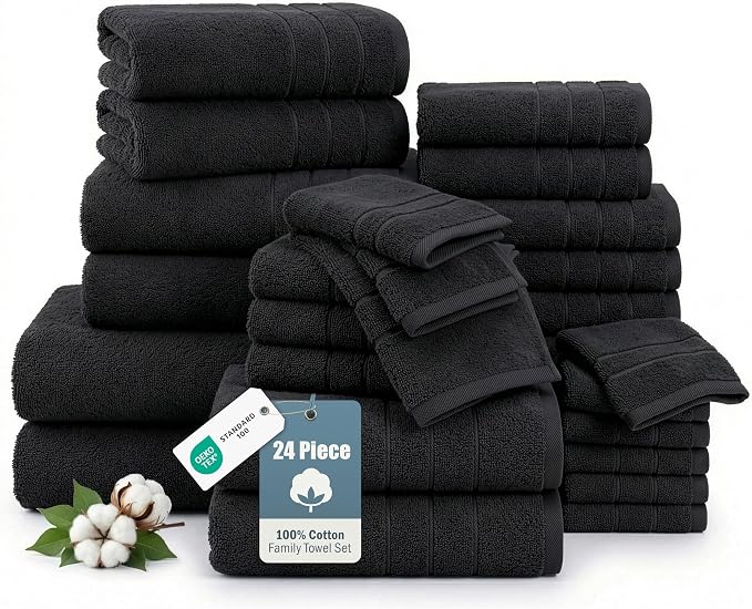 Casa Platino Towel Set for Bathroom Soft Absorbent Quick Dry - Black | Pack Of Towels - Dobby Border Accent, OEKO-TEX Certified, Ring-Spun Durability, Ring-Spun Cotton, Terry Weave Comfort