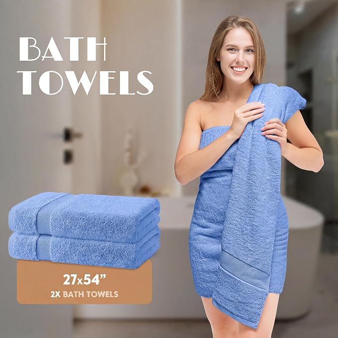 White Classic Light Blue Bath Towel Set of 6-100% Cotton Highly Absorbent Towels for Bathroom, 2 Luxury Bath Towels 650GSM, 2 Hand Towels, 2 Washcloths