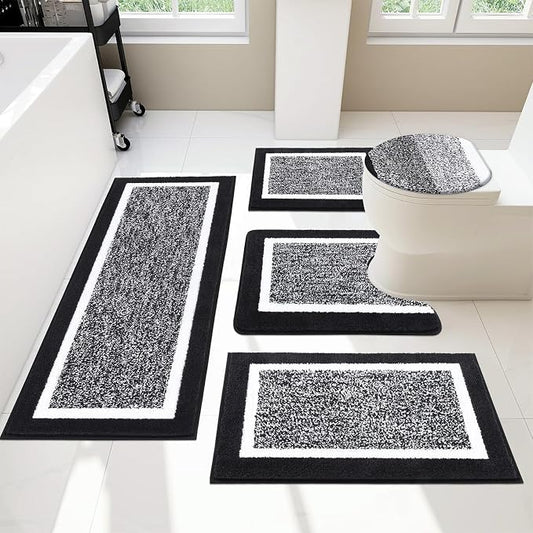 Pauwer Bathroom Rugs Set 5 Piece, Non Slip Microfiber Bath Mat, Black | Washable Bathroom Mat with U Shaped Toilet Rug, Long Shower Runner, Toilet Lid Cover, Quick Dry Absorbent Plush Floor Carpet