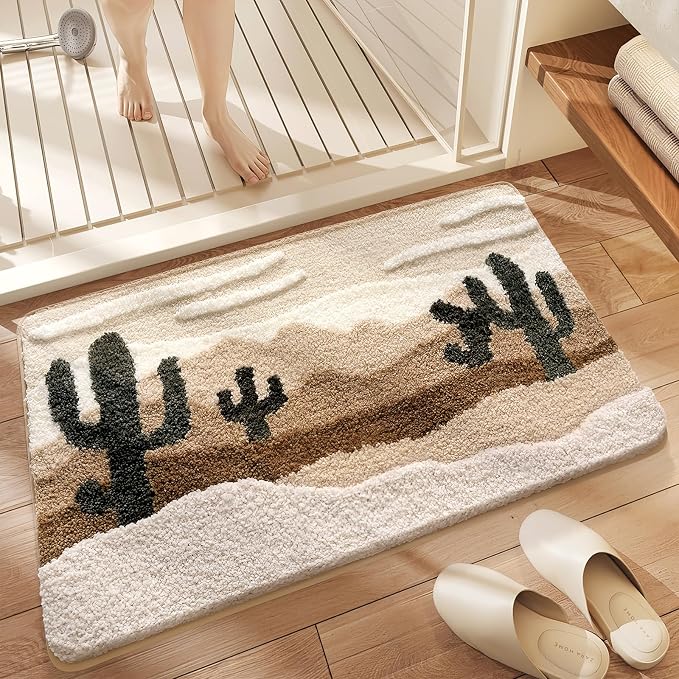 Bathroom Rug Mat, Yellow Desert Cactus Bath Mat with Soft & Non-Slip, Ultra Absorbent Microfiber Shaggy Door Mat, Quick Dry Bath Rug Carpet for Toilet Bathtub Bedroom 20x31 Inch (Yellow)
