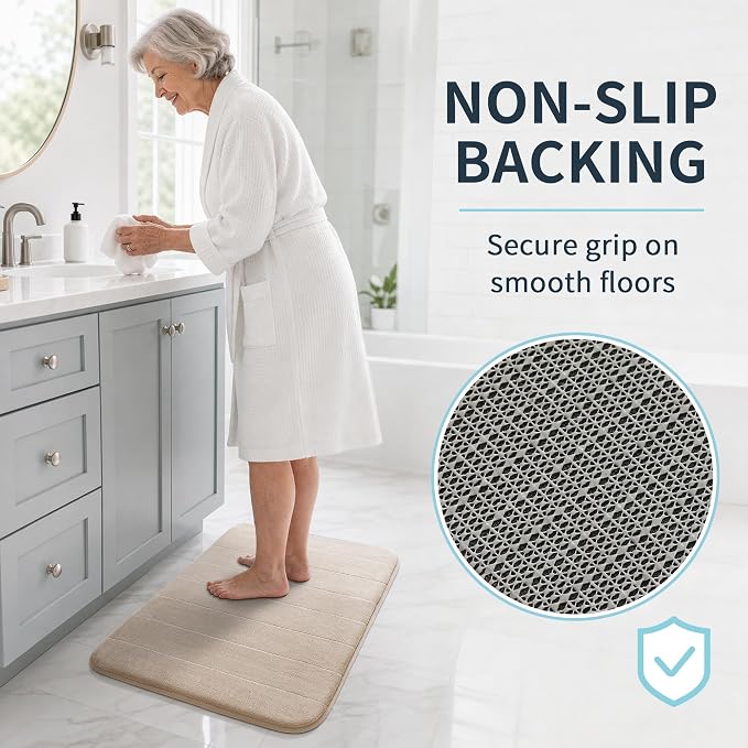 Yimobra Memory Foam Bath Mat, Soft Absorbent Bathroom Rug, 24x17, Beige | Non Slip Backing, Quick Dry, Machine Washable Bath Rug for Tub & Shower Areas, Durable Design That Complements Bathroom Decor