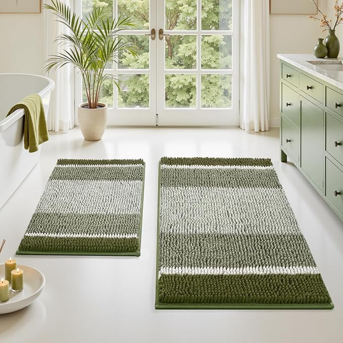 HOMEIDEAS Sage Green Bathroom Rugs Set, Striped Chenille, 20"x32"+17"x24" | Non Slip Absorbent Bath Mats, Fluffy Striped Chenille Soft Shaggy Bath Rugs for Bathroom Floor and Tub, Machine Washable