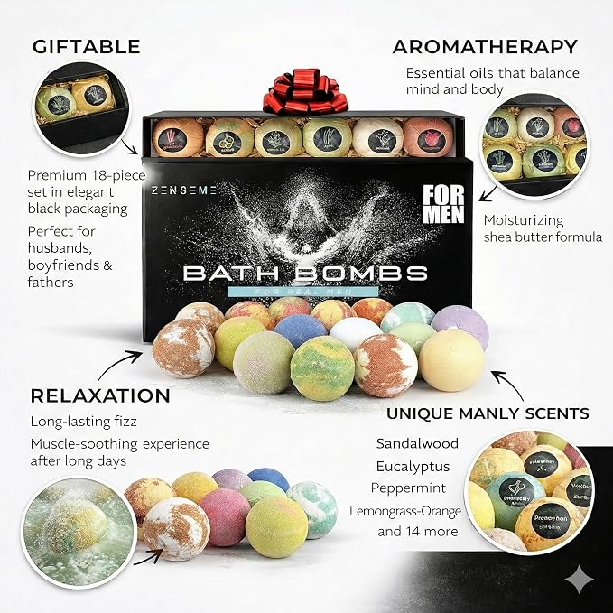 Bath Bombs for Men, Gift Set of 18 Scented Organic Handmade Bath Bombs of 2.5 oz with Natural Essential Oils. Perfect for Boyfriend, Husband, Father or Friend, by ZenseMe