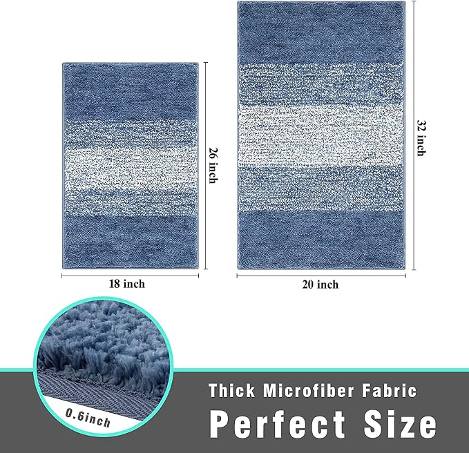 Vaukki Luxury Soft Bathroom Rugs Set of 2, Blue Non Slip Bath Floor Mat | Microfiber Shaggy Plush Absorbent Striped Washable Bath Carpet for Tub, Bathroom and Shower, 18''x26''+20''x32''