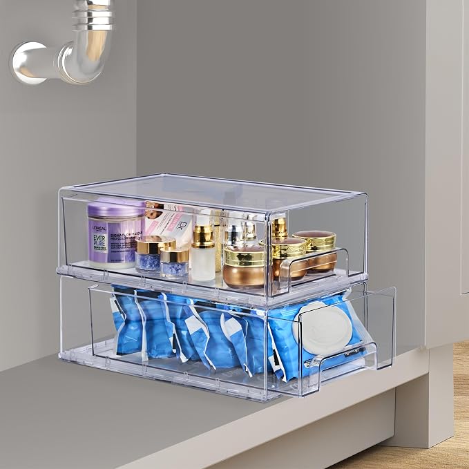 Sorbus Medium Clear Stackable Storage Drawers, Plastic Storage Drawers with Handles, Craft, Clothes, Medicine, Makeup, Closet, Art Supply, Bathroom, Shoe, Toy Storage Organizer (2 Pack)