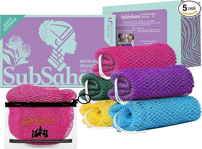Authentic African Net Sponge, 5 Pack 45-Inch Exfoliating Bath Sponge and Shower Loofah for Body and Back, Colorfast Quick-Dry Knotted Mesh Scrubber with Travel Pouch
