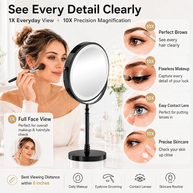 DEIOVWXS Makeup Mirror, Rechargeable Vanity Mirror with 3 Lights, 1X/10X | Adjustable Brightness, 3000mAh, Double-Sided, Gift for Mom, Women, Wife, Girls, Dorm Room Essential