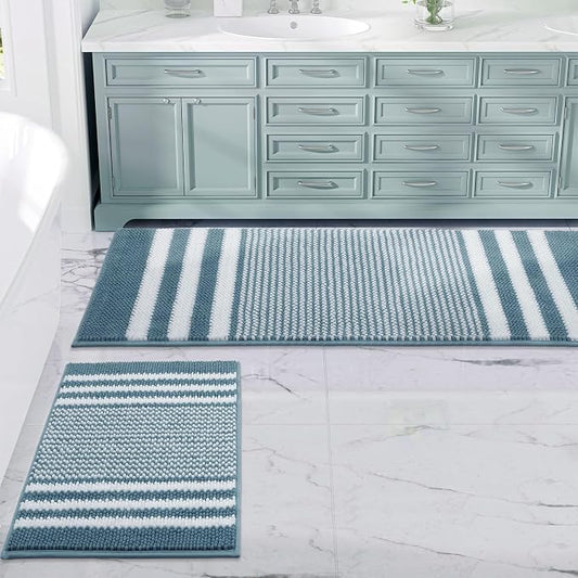 Bathroom Rugs Sets 2 Piece, Non Slip Striped Bath Mats, Denim Blue | 20"x47" Plus 16"x24"，Soft Absorbent Chenille, Quick Dry Machine Washable, Shower Rug for Bathroom Floor, Tub, Bedroom Decor