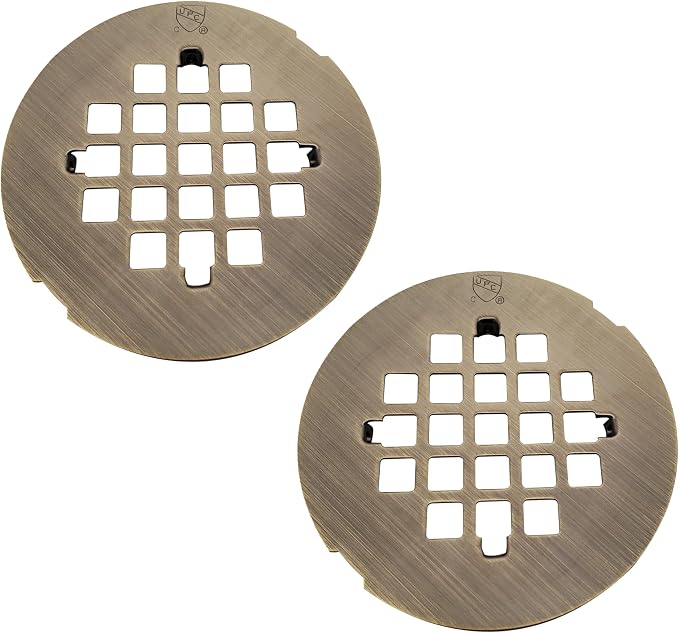 Westbrass D319-2-06 4-1/4" OD Casper Style Brass Snap-in Shower Strainer Grid Drain Cover, Antique Brass (2-Pack)