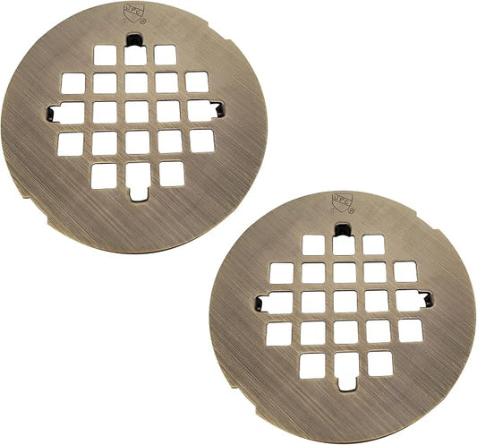 Westbrass D319-2-06 4-1/4" OD Casper Style Brass Snap-in Shower Strainer Grid Drain Cover, Antique Brass (2-Pack)