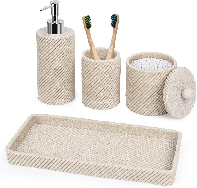 Beige Bathroom Accessories Set 4 Pcs - Toothbrush Holder,Lotion Soap Dispenser,Qtip Holder Dispenser,Vanity Tray for Countertop Vanity Organizer,Bathroom Accessory Set