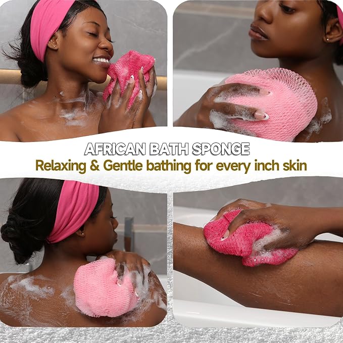 Authentic African Net Sponge, 2 Pack 45-Inch Exfoliating Bath Sponge and Shower Loofah for Body and Back, Colorfast Quick-Dry Knotted Mesh Scrubber with Travel Pouch (Dark Pink & Light Pink)