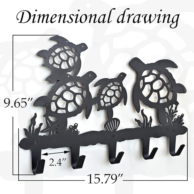 Metal Sea Turtle Coat Hooks Wall Mount-Sea Turtle Hangers and Key Holder-Clothes Hat Rack and Backpack Hanger Decor for Storage, Living Room, Hallway, Office Gift (Black)