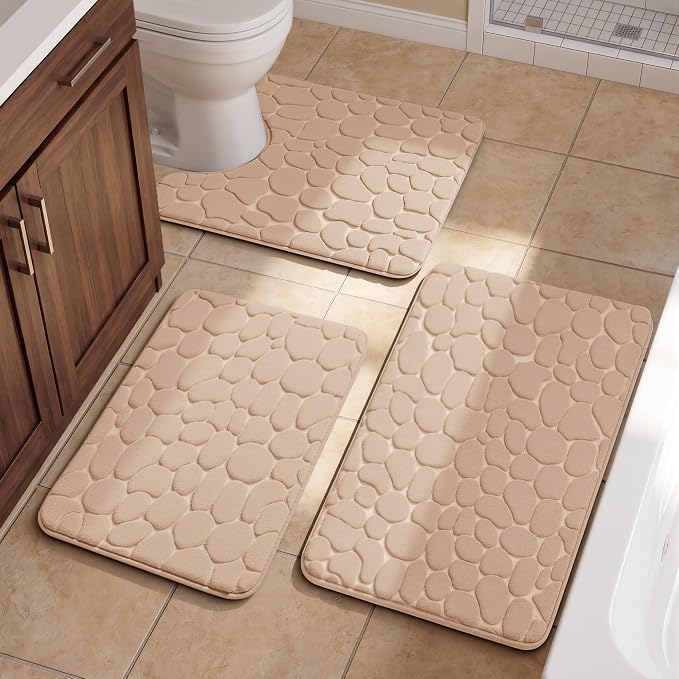 YIHOUSE Bathroom Rugs Mat Set, Memory Foam Bath Mat 3 Piece Khaki | U Shape+Small Mat, Non Slip, Water Absorbent, Washable, Bath Mat For Bathroom, Sink and Toilet