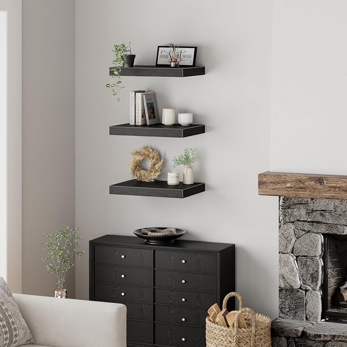 QEEIG 10" Deep Floating Shelves for Wall - 10 x 16 inch Book Shelf Bathroom Bedroom Kitchen Living Room Hanging Bookshelf Farmhouse Set of 3, Black (025-40B3)