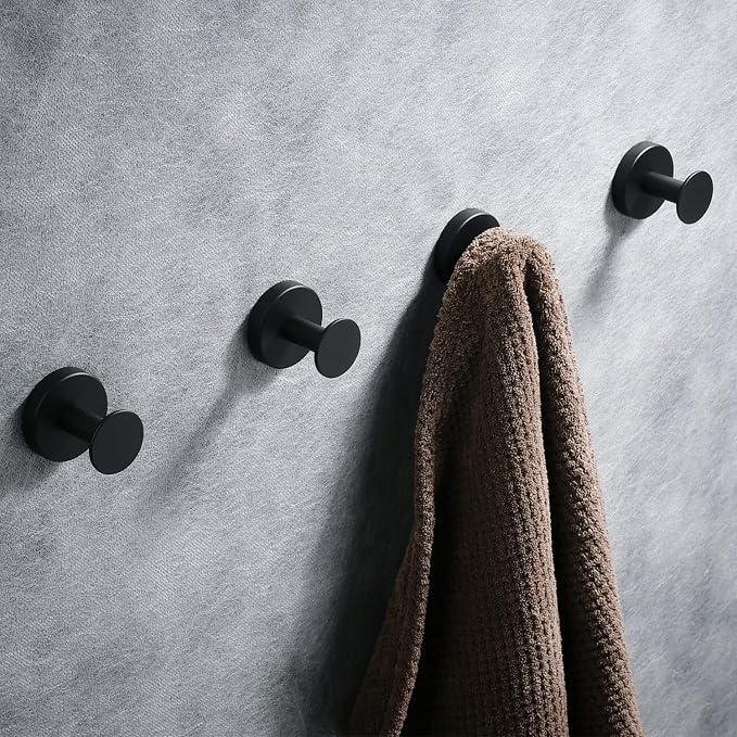 NEWRAIN Towel Hooks, 4 Pack Towel Holder for Bathroom Wall, Cabinet Closet Door, Kitchen, Bedroom, Hotel - Modern Design Effortless Mounting Towel Hangers, Robe Hook Matte Black