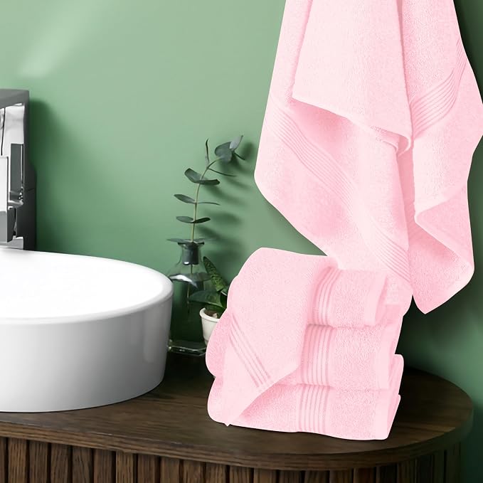 Ultra Soft 6 Pack Cotton Towel Set, Contains 2 Bath Towels 28x55 inch, 2 Hand Towels 16x24 inch & 2 Wash Coths 12x12 inch, Ideal Everyday use, Compact & Lightweight - Pink