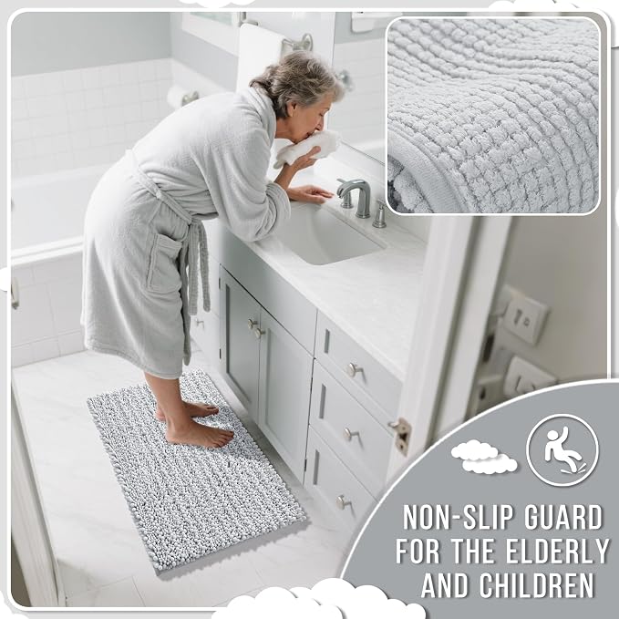 Yimobra Bathroom Rugs Sets 2 Piece - Quick Dry Extra Thick Luxury Chenille Bath Mat, Non Slip Super Absorbent for Tub Shower Sink, Machine Washable Shaggy Floor Mat, 32"x20"+24"x17" Inch, Silver