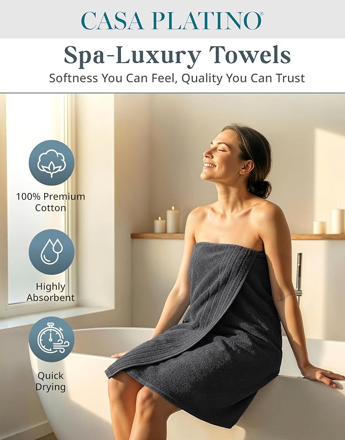 Casa Platino Bathroom Towel Set 8 Piece Soft Absorbent Quick Dry - Black | Cotton Towel Set - Coordinated Colors, Dobby Border Accent, OEKO-TEX Certified, Ring-Spun Durability, Ring-Spun Cotton
