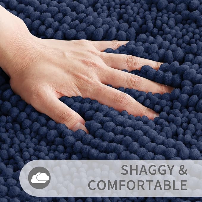 Yimobra U Shaped Toilet Rug Set, Absorbent Chenille, 24x17+24x20, Navy Blue | Non Slip Machine Washable Quick Dry Bath Mat Set, Soft Plush Shower Rugs for Bathroom Floor Sink Tub and Shower Outside