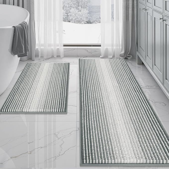 BSICPRO Bathroom Rugs Sets 2 Piece, Non Slip Striped Bath Mats, Light Gray | 20"x60" Plus 20"x32", Soft Absorbent Chenille, Quick Dry Machine Washable, Shower Rug for Bathroom Floor, Tub, Bedroom Decor