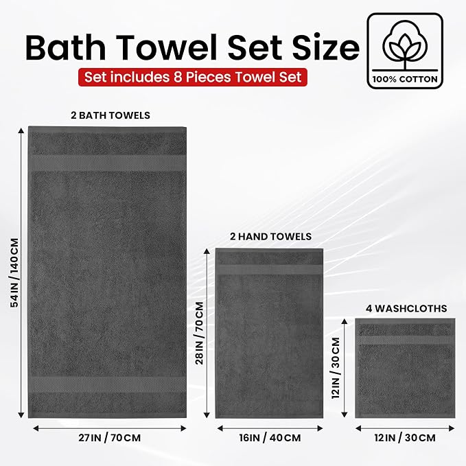 Infinitee Xclusives 100% Cotton Bath Towel Set – 8 Piece Bathroom Towel Set | (2 Bath Towels, 2 Hand Towels, 4 Washcloths) – Soft & Absorbent Towels for Bathroom - Gym, Shower, Spa & Hotel Use