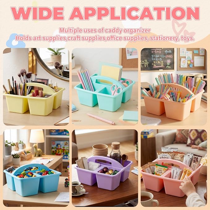 Kathfly 6 Pack Classroom Caddy Organizer with Handle, Plastic Art Craft Cleaning Caddy Bulk, Small Multipurpose Supply Organization Storage Basket for Table Desk Office Pencil Teacher (Macaron Color)