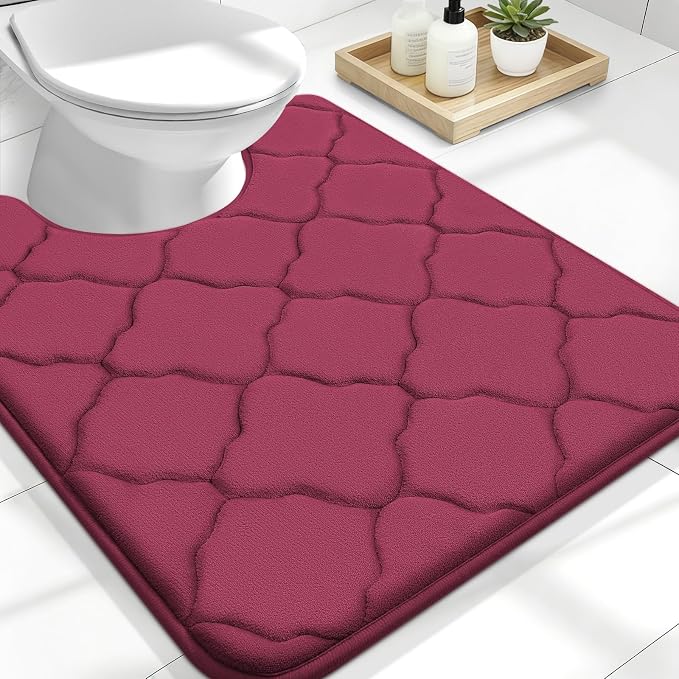 OLANLY Memory Foam Toilet Rugs U-Shaped 24x20, Ultra Soft and Absorbent Bathroom Rugs, Non-Slip, Comfortable, Machine Washable Contour Bath Mat for Toilet Base, Home Decor Accessories, Burgundy | Thick Absorbent Carpet, Non-Slip Backing, Machine Washab...