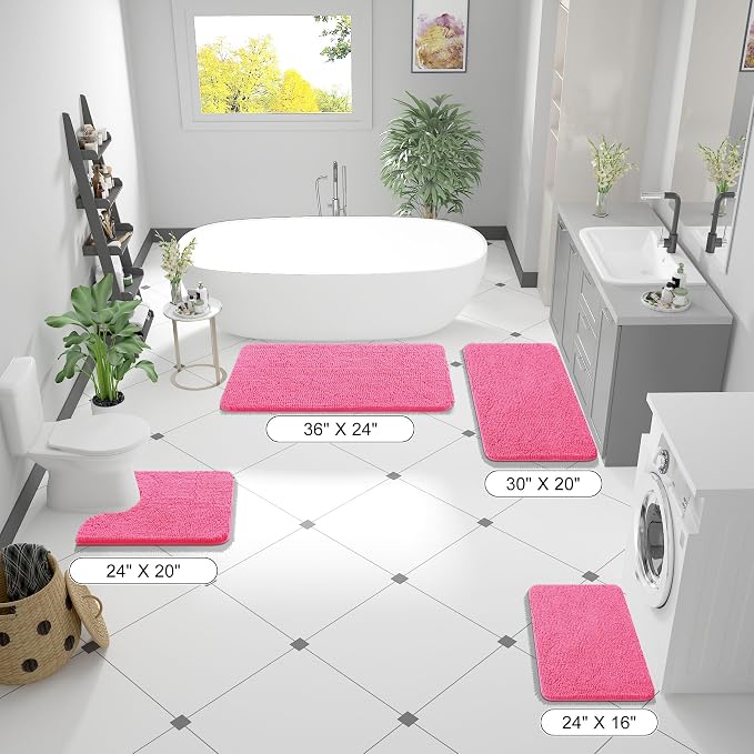 OLANLY Bathroom Runner Rugs 44x24, Extra Soft Absorbent Chenille Bath Rugs | Hot Pink, Quick-Drying Rubber Backing, Washable Long Bath Mat for Bathroom Floor, Tub and Shower, Home Decor Accessories