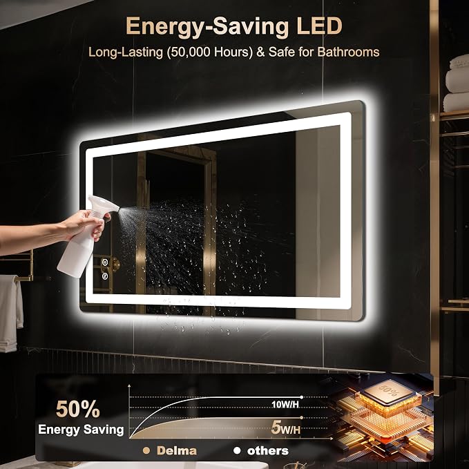 Delma 24x40 LED Bathroom Vanity Mirror with Lights, Anti-Fog, Dimmable | Front & Backlit with 3 Color Modes and Memory, 5mm Shatterproof Glass, Plug-in or Hardwired, Horizontal or Vertical