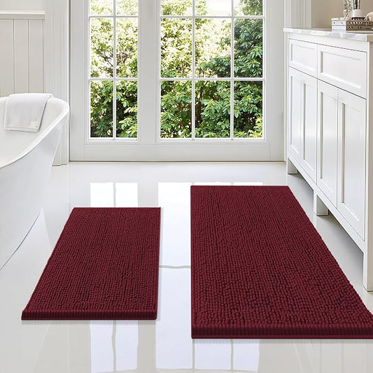 Smiry Chenille Bathroom Rugs Sets 2 Piece (36x24+24x16, Burgundy) | Soft Absorbent Machine Washable Non Slip Shaggy Bath Rug Set for Tub, Shower, and Floor, Home Decor