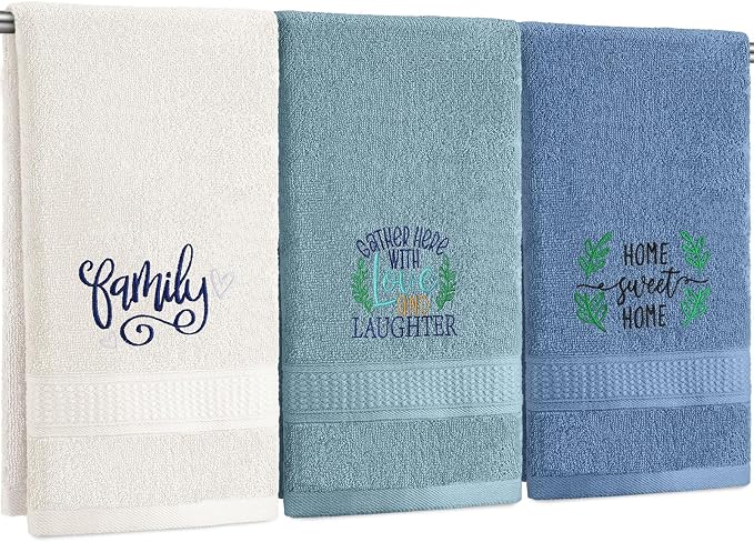 3 Pcs Hand Towels Bathroom Set,Blue,Home, Love, Family | Embroidered Cotton Farmhouse Towels, Kitchen Decor, Rustic Boho Decorative with Text Labels, Guest Bath Home