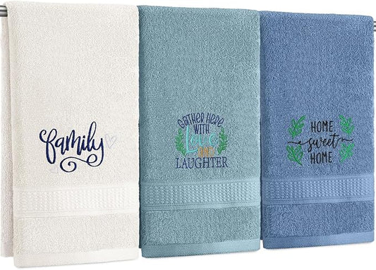 3 Pcs Hand Towels Bathroom Set,Blue,Home, Love, Family | Embroidered Cotton Farmhouse Towels, Kitchen Decor, Rustic Boho Decorative with Text Labels, Guest Bath Home