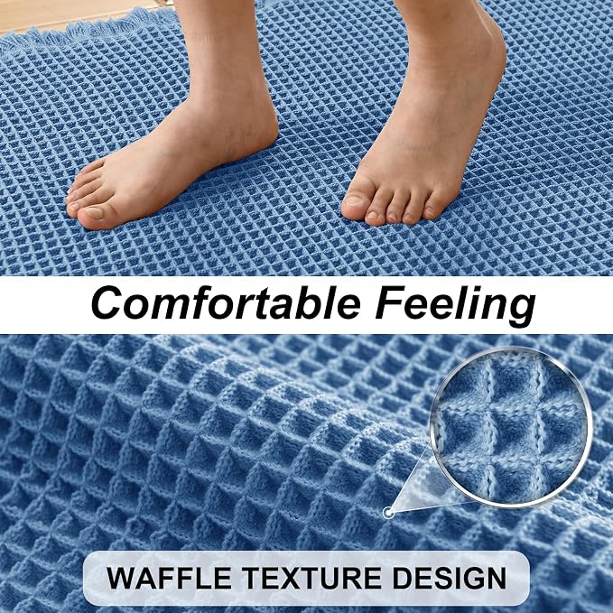 JIUZHEN Set of 2 Waffle Bath Mats Boho Bath Rugs 16"x24"+20"x32", Blue | Non Slip, Super Absorbent, Washable, Ultra Soft, Fast Drying Waffle Bathroom Rugs for Bathroom Floor, Tub, Shower