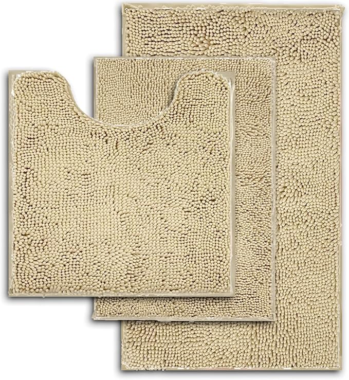 RUN HELIX Beige Bathroom Rugs Ultra Soft Rugs and Mats Set 3 Pieces Bath Rug Set Thick Chenille Bath Rugs Non Slip Bath Mats for Bedroom