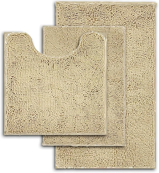 RUN HELIX Beige Bathroom Rugs Ultra Soft Rugs and Mats Set 3 Pieces Bath Rug Set Thick Chenille Bath Rugs Non Slip Bath Mats for Bedroom