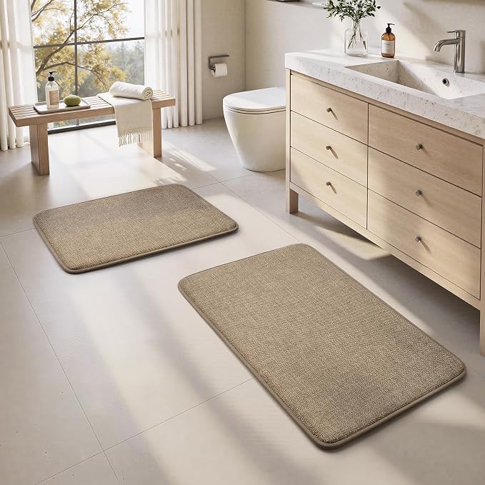 HOMEIDEAS Memory Foam Bathroom Rugs Set of 2, Beige 24"x17"+32"x20" | Ultra Absorbent Quick Dry Bath Mats with Non Slip PVC Backing, Machine Washable, Ideal for Bath Floor, Shower and Tub