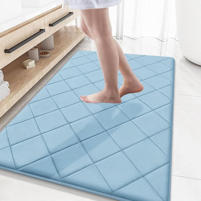 OLANLY Memory Foam Bath Mat 59x34, Ultra Soft and Absorbent Bathroom Rugs | Sky Blue, Quick Dry, Machine Washable Shower Bath Rugs, Comfortable Bath Carpet for Bathroom Floor, Tub and Shower