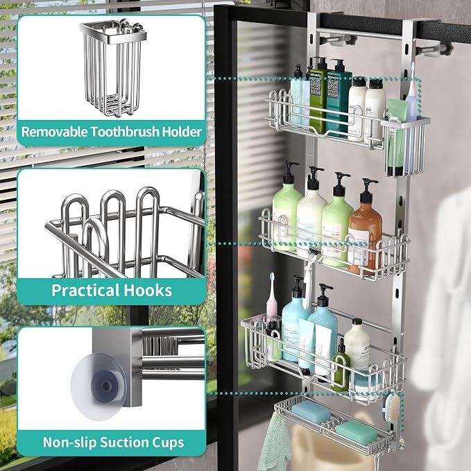 HapiRm Hanging Shower Caddy Organizer - Shower Shelf with 22 Hooks and 2 Toothbrush Holders, No Drilling Adjustable Hanging Bathroom Organizer - Silver