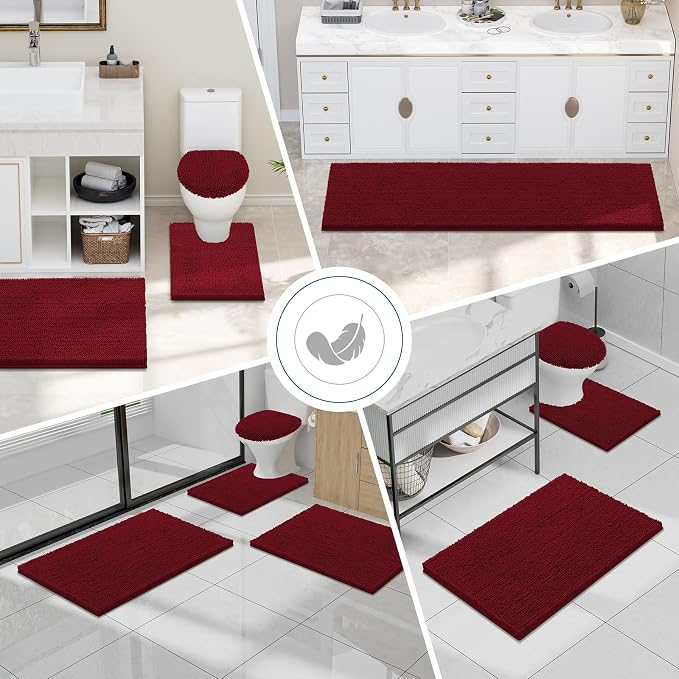 Smiry Chenille Bathroom Rugs Sets 2 Piece (24x16+ U Shape 24x20, Red) | Soft Absorbent Machine Washable Non Slip Shaggy Bath Rug Set for Tub, Shower, and Floor, Home Decor