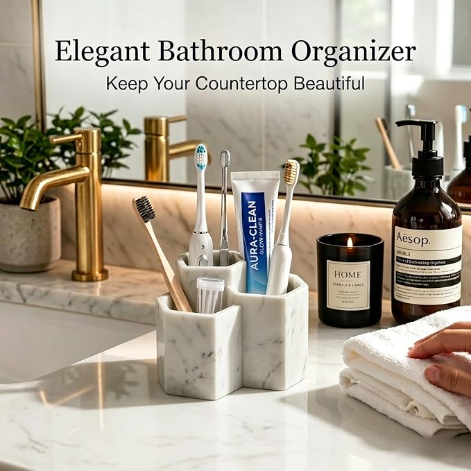 Resin Toothbrush Holder, 3-Slot Bathroom Countertop Organizer | 3-slot resin holder organizes toothbrushes, toothpaste, razors, and makeup brushes for bathroom vanity, countertop, or shower