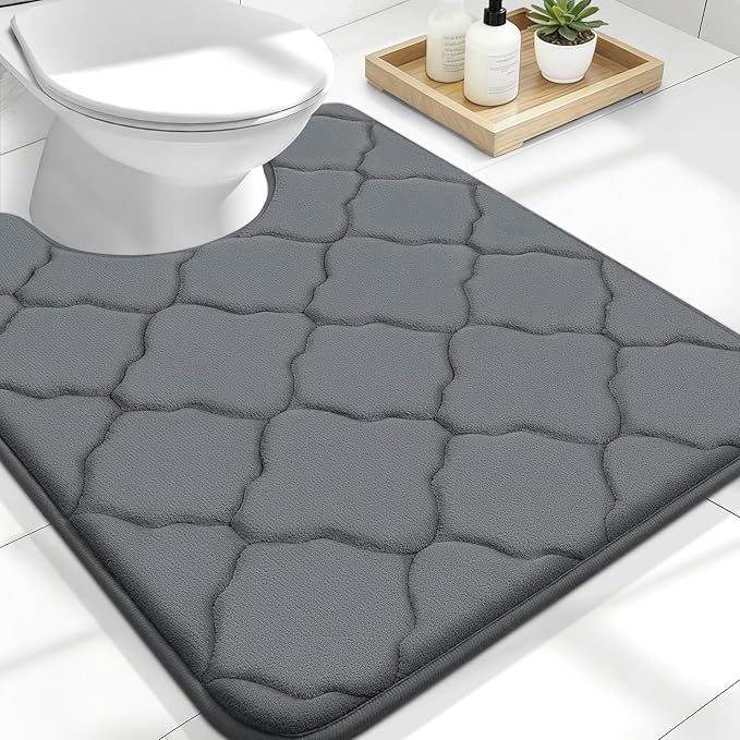 OLANLY Memory Foam Toilet Rugs U-Shaped 24x20, Soft Bath Mat, Dark Grey | Thick Absorbent Carpet, Non-Slip Backing, Machine Washable, for Bathroom Floor, Tub, Shower and Home Decor Accessories