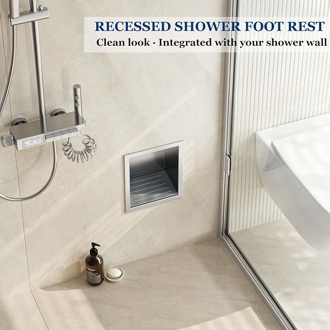 Neodrain Shower Foot Rest for Shaving Legs, 304 Stainless Steel Shower Niche, Recessed Shower Step for Shaving Legs,Niche for Shower Wall, Bathroom Foot Rest (Brushed, 6.7" x 6")