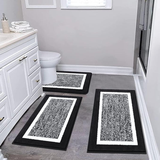 Pauwer 3 Piece Bathroom Rug Set, Non Slip Washable Bath Mat, Black | Soft Plush Microfiber, Super Absorbent Floor Carpet, U Shaped Toilet Mats, Quick Dry, Shaggy Shower Rugs Runners