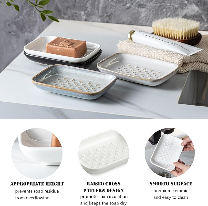Gomakren Ceramic Soap Dish, 5.5in Shower Soap Holder Bathroom Sink, White | Prevents soggy soap, non-slip bottom, easy to clean, stackable counter decor, multi-use for kitchen sink, sponge & jewelry
